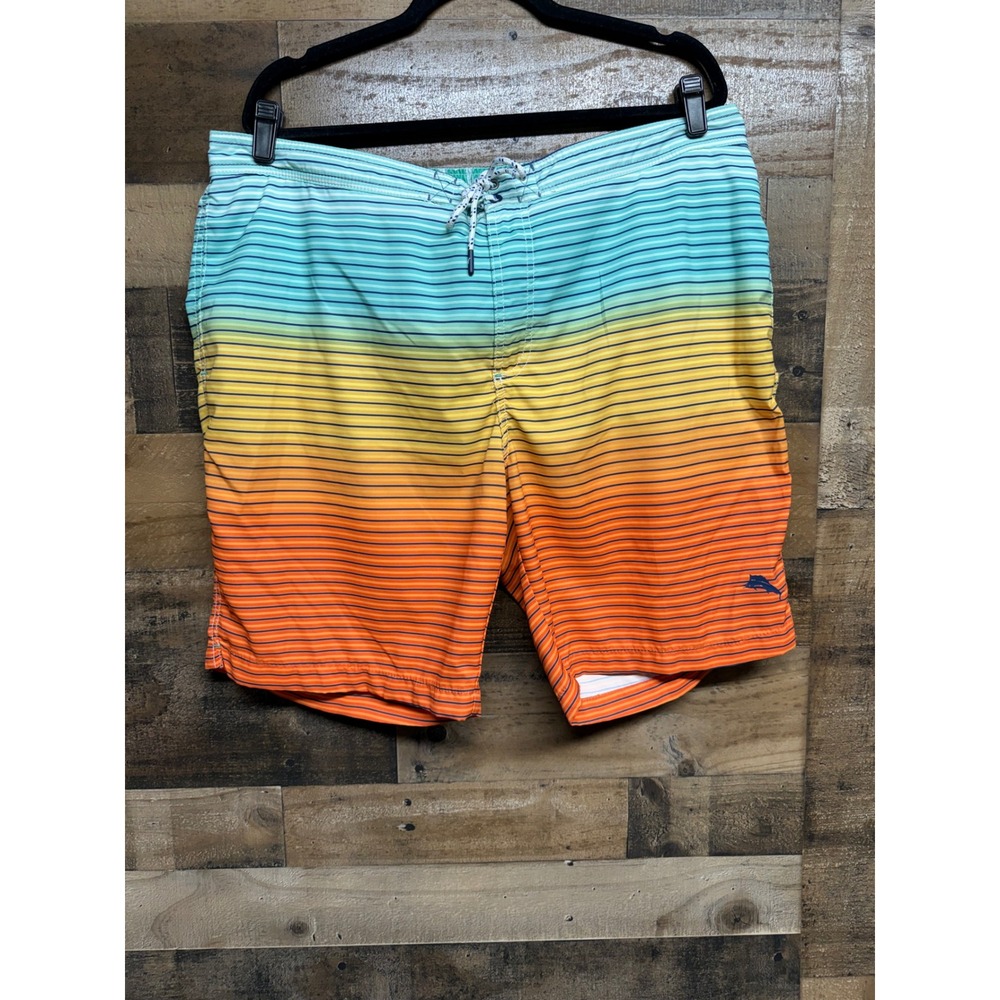 Tommy Bahama Mens XXL Ombre Sunset Striped Swim Trunks Orange‎ Teal Board Shorts
